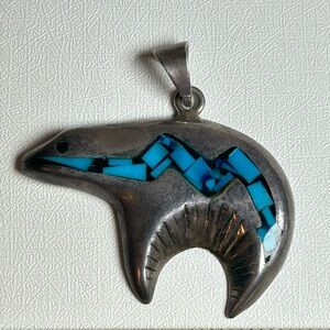 Vintage Turquoise Inlay Knifewing Bear Navajo Sterling Silver 925 Heavy Pendant